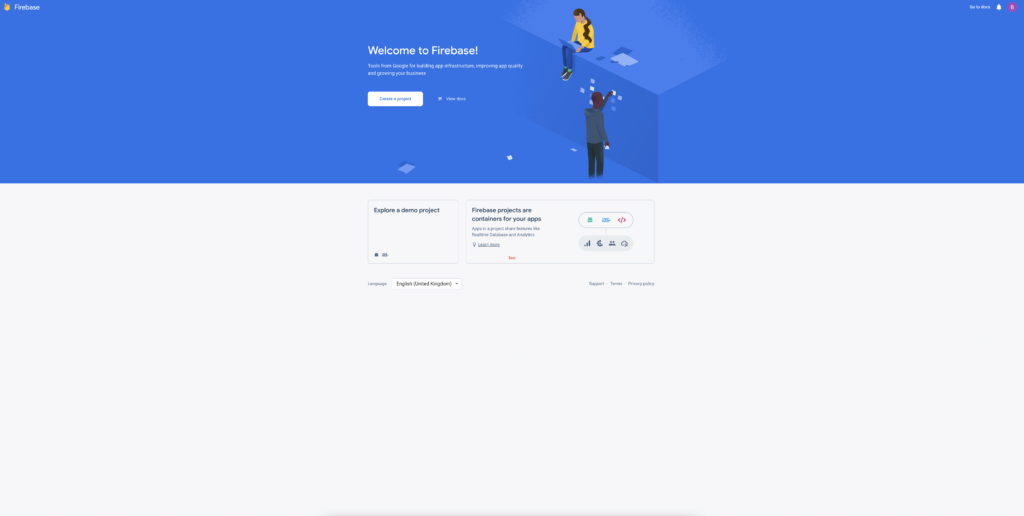 Firebase console welcome page